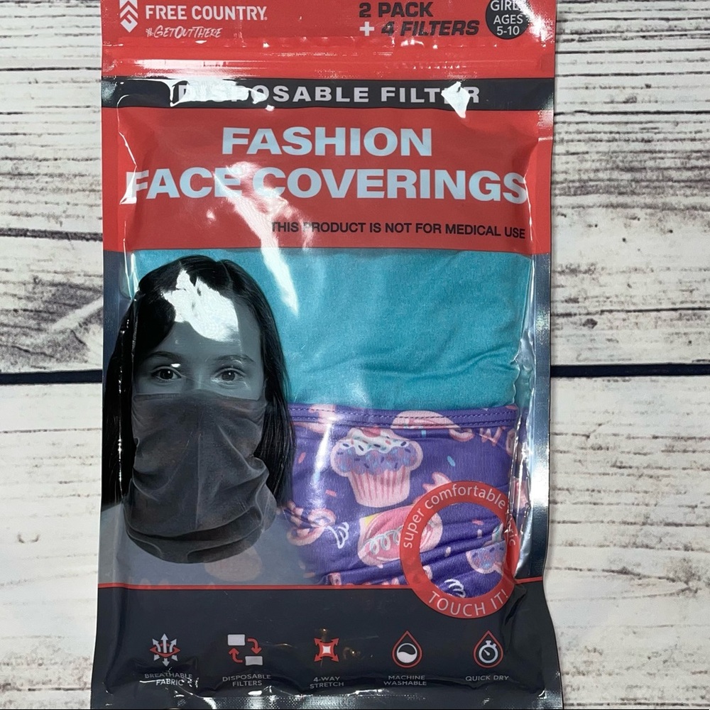(OS) Free Country Girls Fashion Face Coverings Mask (Age 5-10) 2pack cupcake